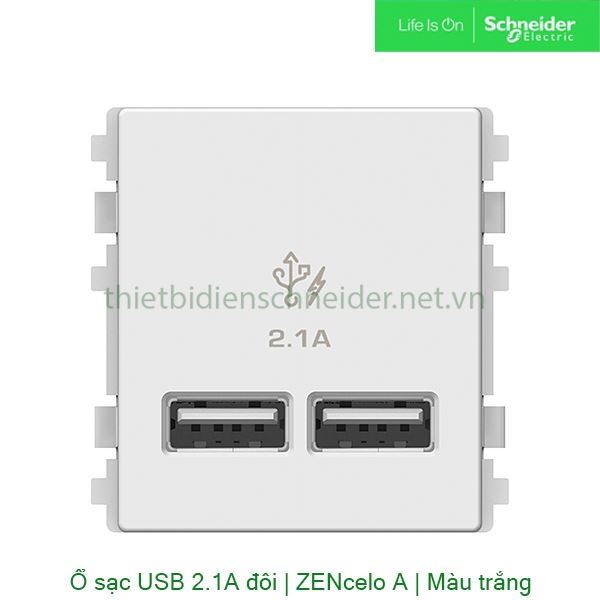 Ổ sạc USB 2.1A đôi, size S 8432USB_WE Zencelo A Schneider