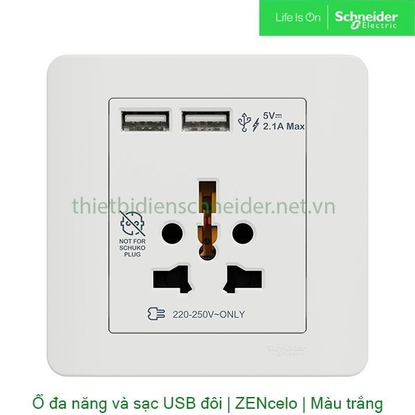 Bộ ổ cắm đa năng và sạc USB đôi E8442616USB_WE_G19 Zencelo Schneider