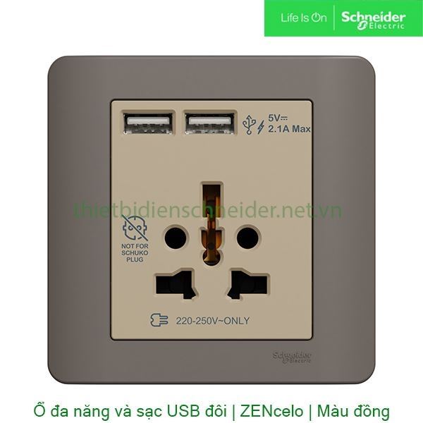 Bộ ổ cắm đa năng và sạc USB đôi E8442616USB_SZ_G19 Zencelo Schneider