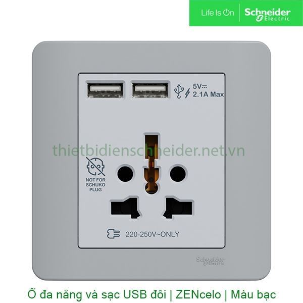 Bộ ổ cắm đa năng và sạc USB đôi E8442616USB_SA_G19 Zencelo Schneider