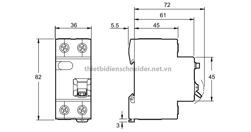 Kích thước Aptomat chống giật RCBO Easy9 Schneider