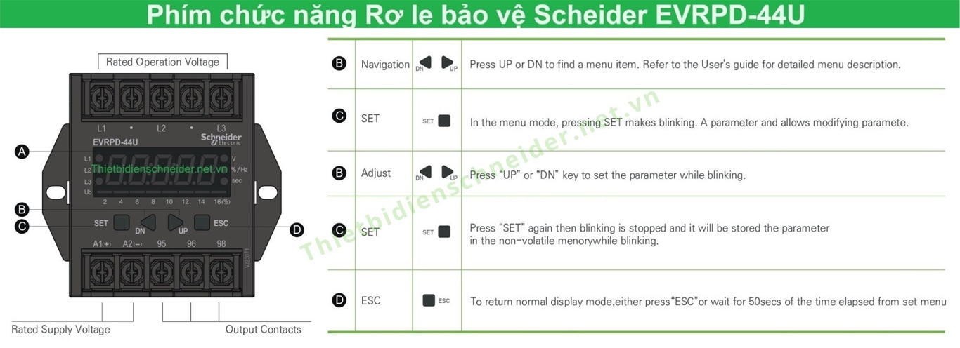 Phím chức năng cài đặt Rờ le bảo vệ pha Schneider EVRPD-44U Schneider