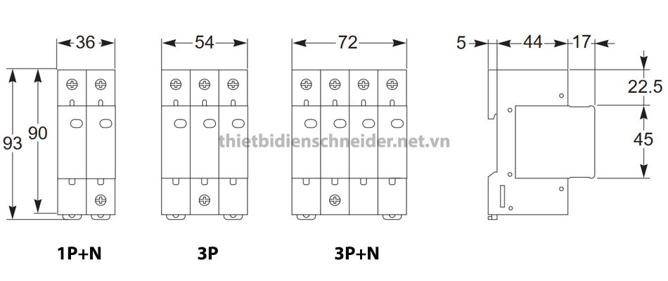 Kích thước chống sét lan truyền SPD 1p+n 3p+n Schneider