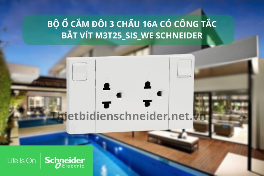 Bộ ổ cắm đôi 3 chấu 16A có công tắc bắt vít M3T25_SIS_WE Schneider