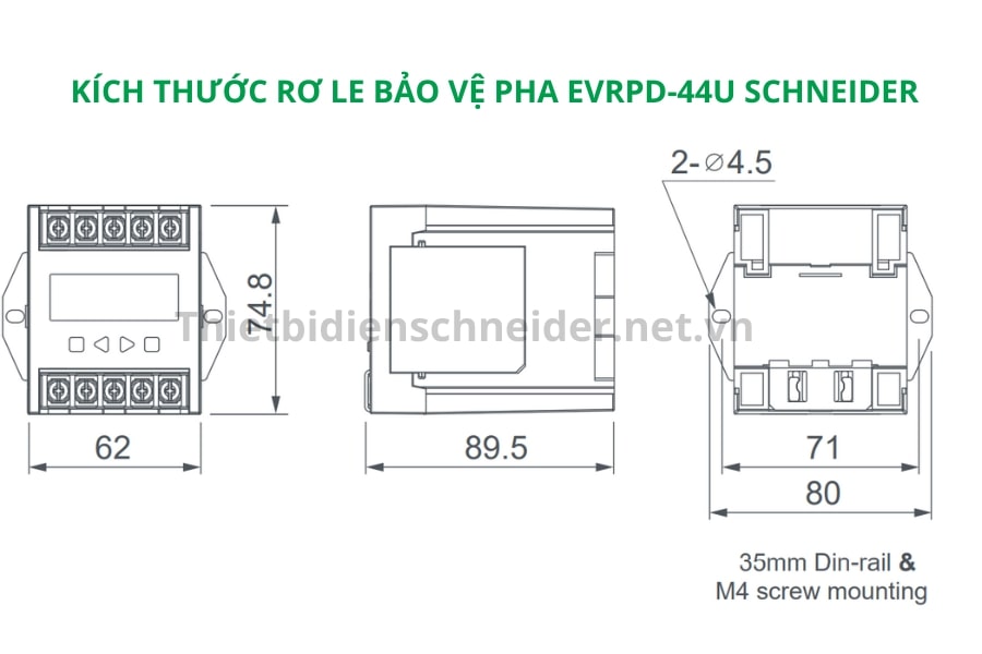 Kích thước rơ le bảo vệ pha EVRPD-44U Schneider