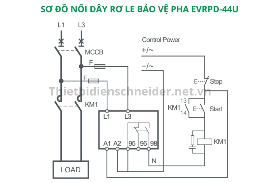 Sơ đồ nối dây rơ le bảo vệ pha EVRPD-44U Schneider